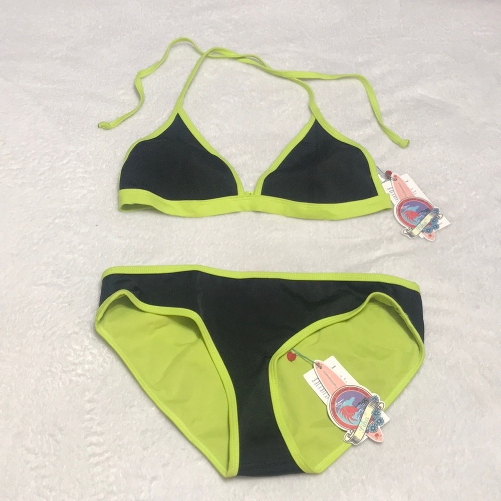 Piha Neon Lime Trim Black Triangle Black Neoprene Bikini - Women Swim Sz 10
